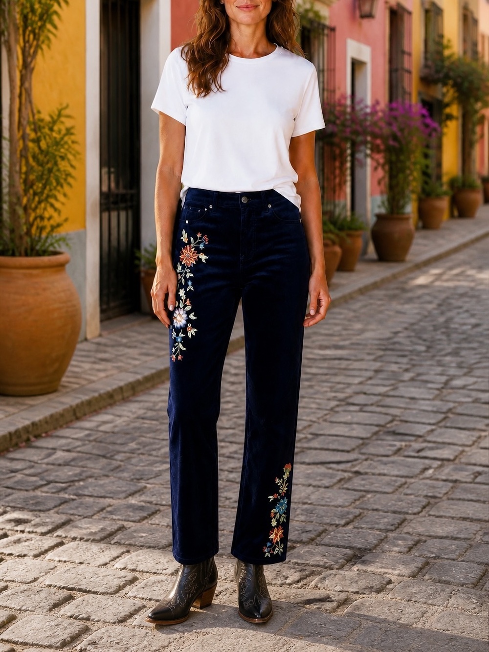 Driftwood NEW Kelly Velvet Embroidered Pant In Navy Blue Sz.31 Bohemian Fall